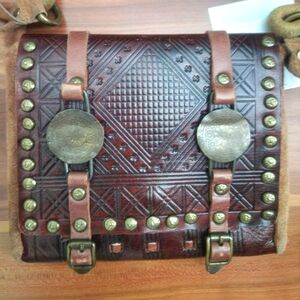 Dark Brown Embossed Leather Messenger Bag with Metal Studs